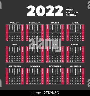2022 Calendar template with weeks start on Sunday Stock Vector