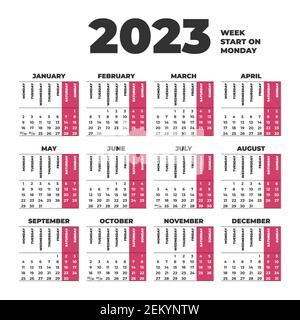 2023 Calendar template with weeks start on Monday Stock Vector