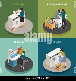 Isometric laundry 2x2 design concept with people washing ironing and drying clothes 3d isolated vector illustration Stock Vector