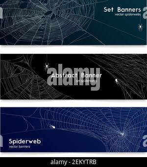 Spider web and cobwebs 3 realistic horizontal banners with black and dark blue background isolated vector illustration Stock Vector