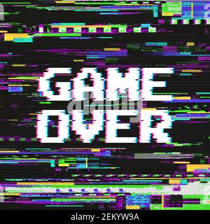 Game over text on video game screen with glitch effect on colored distorted background vector illustration Stock Vector