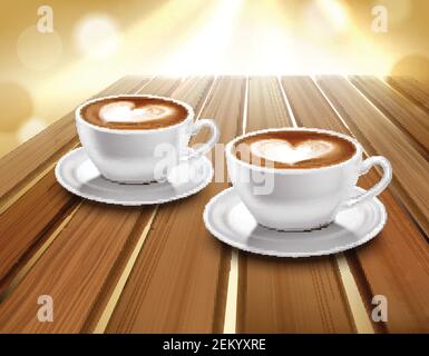 Cups of latte and cappuccino coffee on wooden table realistic vector illustration Stock Vector