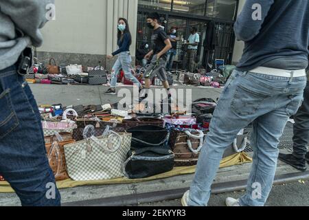 New York, NY - November 9, 2020: Street vendors sell counterfeits