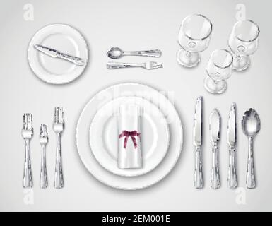 Table setting realistic top view with modern cutlery set serving for one person 3d vector illustration Stock Vector
