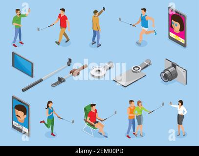 Social photo isometric icons set with  gadgets monopods lens and people making selfie isolated vector illustration Stock Vector