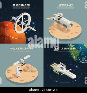 Space ships and station for exploration and battle 2x2 design concept isolated on colorful background 3d isometric vector illustration Stock Vector