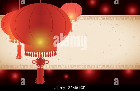 Banner and template with scroll and three Chinese lanterns over a dark background with red glows. Stock Vector