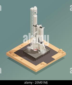 Launching space ship isometric composition on grey background 3d vector illustration Stock Vector