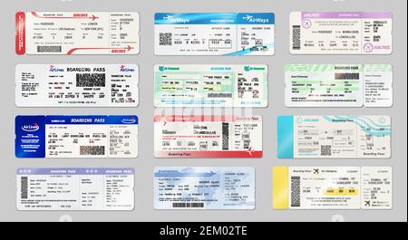 Airways tickets and boarding passes mockups. Vector avia company traveling by plane documents with time of departure and arrival, seat number and date Stock Vector