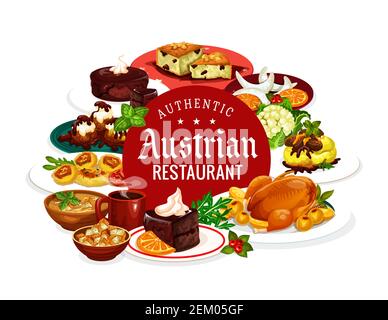 Austrian authentic restaurant, national cuisine dishes. Vector frame of food and desserts, Christmas goose and tyrolean beef stew goulash. Potato past Stock Vector