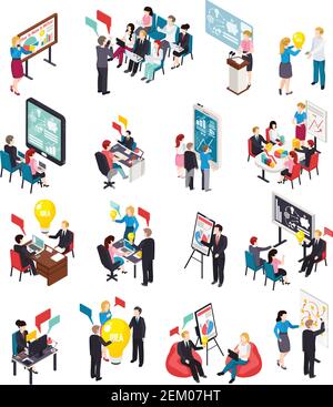 Business coaching isometric icons, creative idea, expert lectures and mentoring, online training, brain storm isolated vector illustration Stock Vector