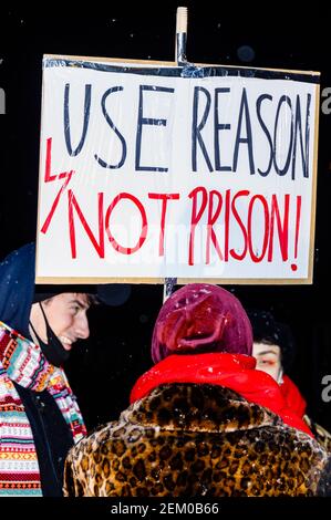 A protester is seen holding a placard saying 'Use reason, not prison' during the demonstration. Conservative right-wing politicians recently declared Stock Photo