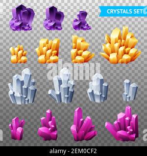 Set of realistic crystals gems and diamonds of different forms isolated on transparent background vector illustration Stock Vector