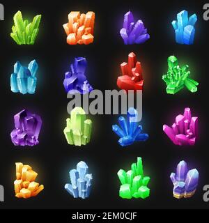 Realistic colorful crystals set of different shapes on black background isolated vector illustration Stock Vector
