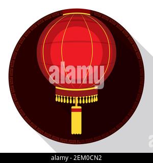 Round button with traditional red Chinese lantern with fringes and tassel in flat style and long shadow. Stock Vector