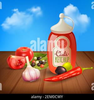 Various herbs and spices chili ketchup tomatoes and garlic on wooden table on background with blue sky realistic vector illustration Stock Vector