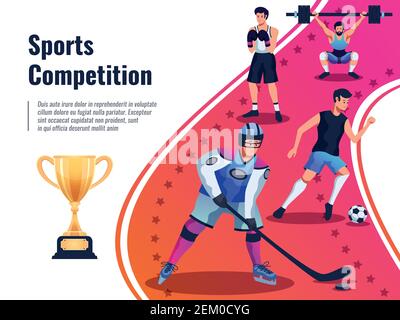 Sports competition background with winners cup and athletes boxing raising dumbbell playing hockey and football   vector illustration Stock Vector