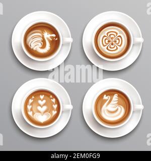 Latte coffee realistic set with art top view isolated vector illustration Stock Vector