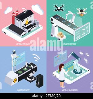 Industrial robots automation isometric 2x2 design concept with ...