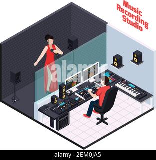 Music recording studio equipment isometric composition with view of professional studio interior female vocalist and sound engineer vector illustratio Stock Vector