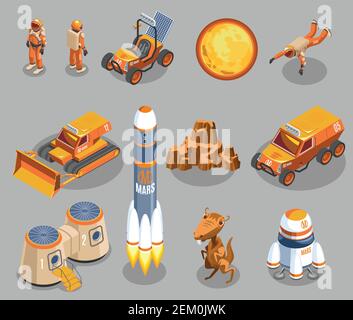 Space exploration isometric icons on grey background with astronauts, planet, rocket launch, transportation, alien isolated vector illustration Stock Vector