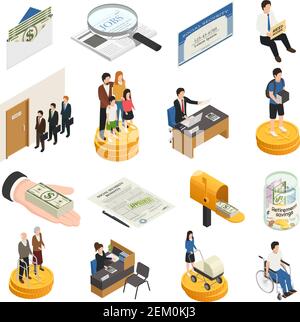 Social security isometric icons, unemployment, supports for families, students and single mothers, disability payments isolated vector illustration Stock Vector