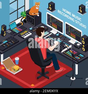 Music recording studio isometric composition with images of pro audio equipment in private environment home interior vector illustration Stock Vector