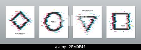 Glitch effect poster set with circle triangle rhombus and square distorted frames isolated vector illustration Stock Vector