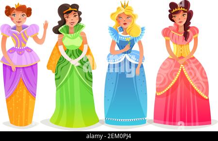 Princesses cartoon set with female characters in bright colorful elegant dresses and crowns  isolated vector illustration Stock Vector