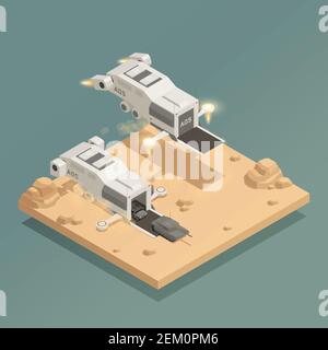 Isometric composition with military equipment in two transporter space ships on grey background 3d vector illustration Stock Vector
