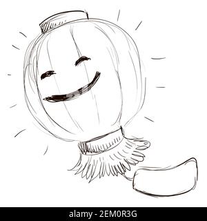 Smiling Chinese lantern with fringes and label in sketch or hand drawn style. Stock Vector
