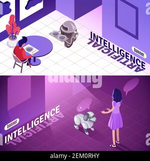 Artificial intelligence isometric horizontal banners with machine waiter, child playing with robotic dog isolated vector illustration Stock Vector