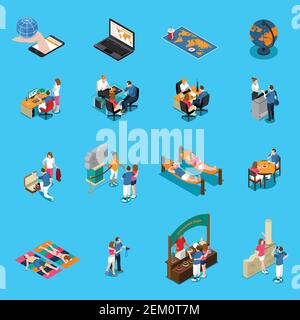 Travel agency isometric set of world map souvenir shop photo session guide conducting tour isolated icons vector illustration Stock Vector
