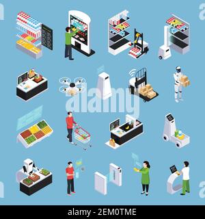 Shop of future isometric icons with robots, automated cash desk, delivery by drone isolated vector illustration Stock Vector