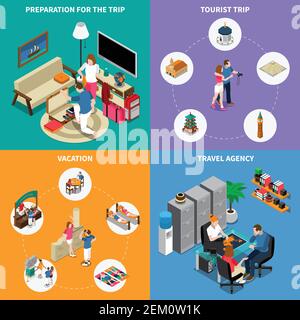 Travel agency 2x2 design concept set of preparation for trip type of vacation tourist tour isometric icons vector illustration Stock Vector