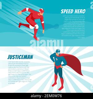 Fantastic superheroes in bright costumes horizontal isometric banners set 3d isolated vector illustration Stock Vector