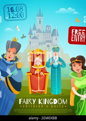 Fairy kingdom  poster with performance date king sitting on throne old wizard princess and queen standing near cartoon vector illustration Stock Vector