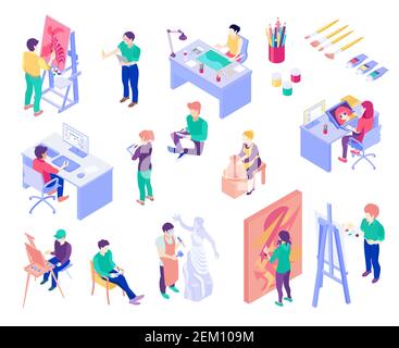 Creative professions artist, potter, graphic designer, sculpture master, set of isometric people isolated vector illustration Stock Vector