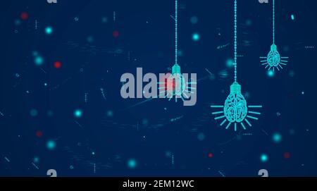 Artificial intelligence and machines learning background concept with glowing bulb, binary codes, and human mind or brain inside the lightbulb. Stock Photo