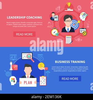 Business coaching horizontal banners set with leadership coaching symbols flat isolated vector illustration Stock Vector