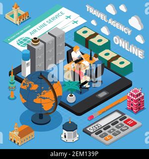Travel agency isometric composition with office manager globe famous landmarks air line tickets decorative icons vector illustration Stock Vector