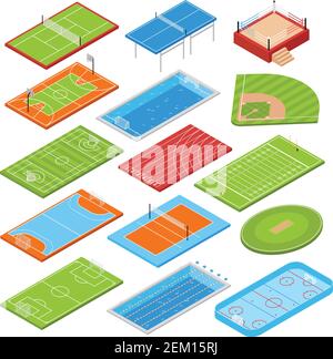 Sport clubs football soccer fields isometric icons collection with basketball tennis courts boxing ring swimming pool vector illustration Stock Vector