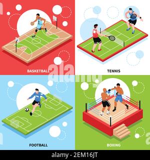 Sport court field ring 4 isometric icons design concept with basketball tennis football boxing isolated vector illustration Stock Vector