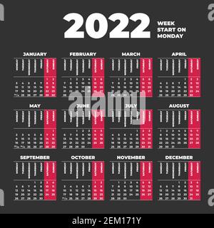 2022 Calendar template with weeks start on Monday Stock Vector