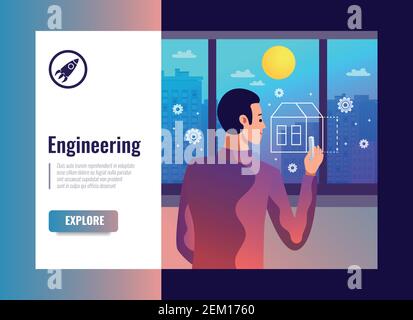 Engineering vector illustration with male figurine of designer painting house symbol on glass window by chalk Stock Vector