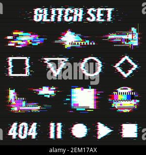 Glitch set on black background with geometric forms and font with distortion effect flat vector illustration Stock Vector