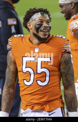 November 16, 2020: Chicago, Illinois, U.S. - Bears #55 Josh Woods takes a  break during the NFL Game between the Minnesota Vikings and Chicago Bears  at Soldier Field in Chicago, IL. Photographer: