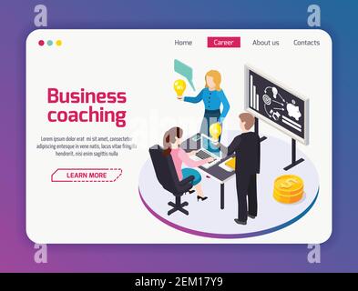 Business coaching landing page of web site with menu and isometric composition brain storming vector illustration Stock Vector