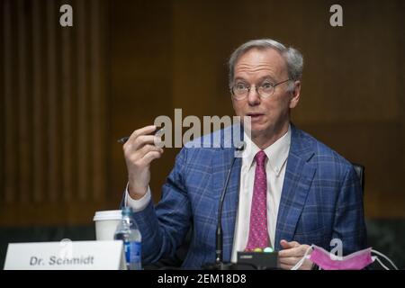 Dr. Eric E. Schmidt, Co-Founder, Schmidt Futures, responds to questions during a Senate Committee on Armed Services hearing to examine emerging technologies and their impact on national security, in the Dirksen Senate Office Building in Washington, DC, USA, Tuesday, February 23, 2021. Photo by Rod Lamkey/CNP/ABACAPRESS.COM Stock Photo