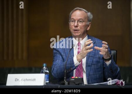 Dr. Eric E. Schmidt, Co-Founder, Schmidt Futures, responds to questions during a Senate Committee on Armed Services hearing to examine emerging technologies and their impact on national security, in the Dirksen Senate Office Building in Washington, DC, USA, Tuesday, February 23, 2021. Photo by Rod Lamkey/CNP/ABACAPRESS.COM Stock Photo